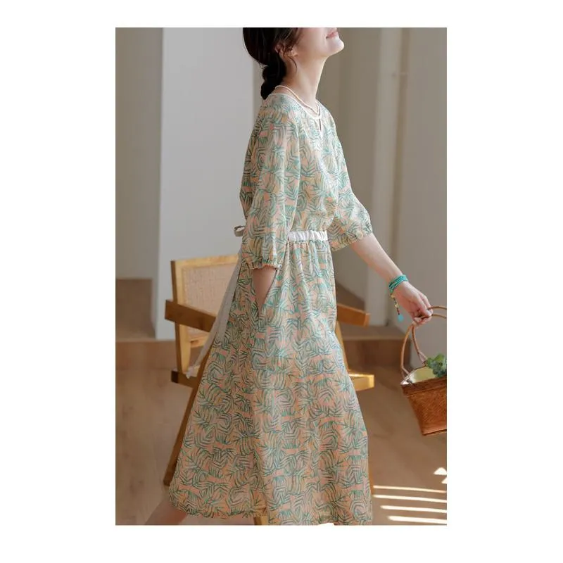 Fine Count Retro Finely Woven Ramie Tencel Print Dress