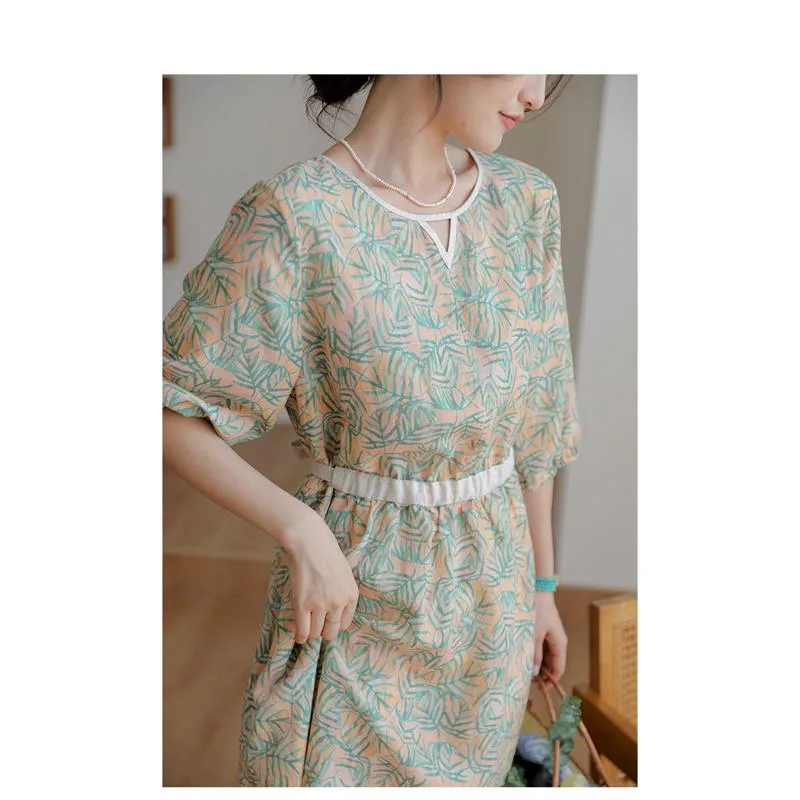 Fine Count Retro Finely Woven Ramie Tencel Print Dress