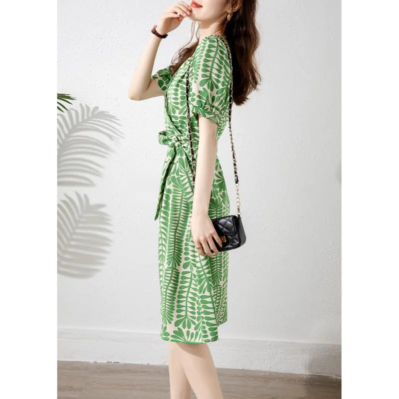 French Style Floral Print Cinched Waist Tie-Up Daily Slimming Texture Dress