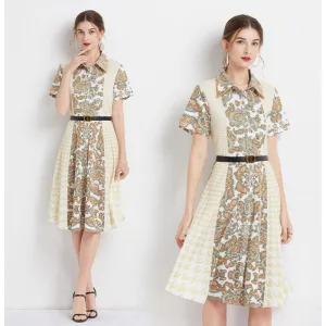 French Style Floral Print Retro Waist Belt Dress