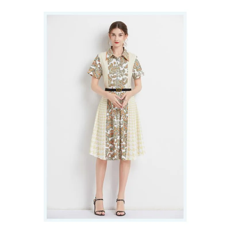 French Style Floral Print Retro Waist Belt Dress