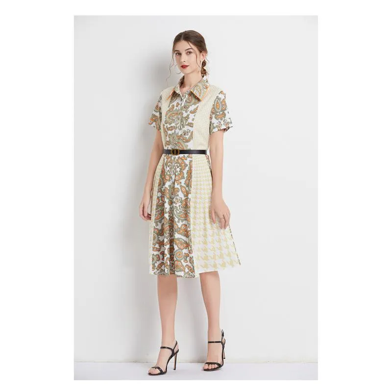 French Style Floral Print Retro Waist Belt Dress