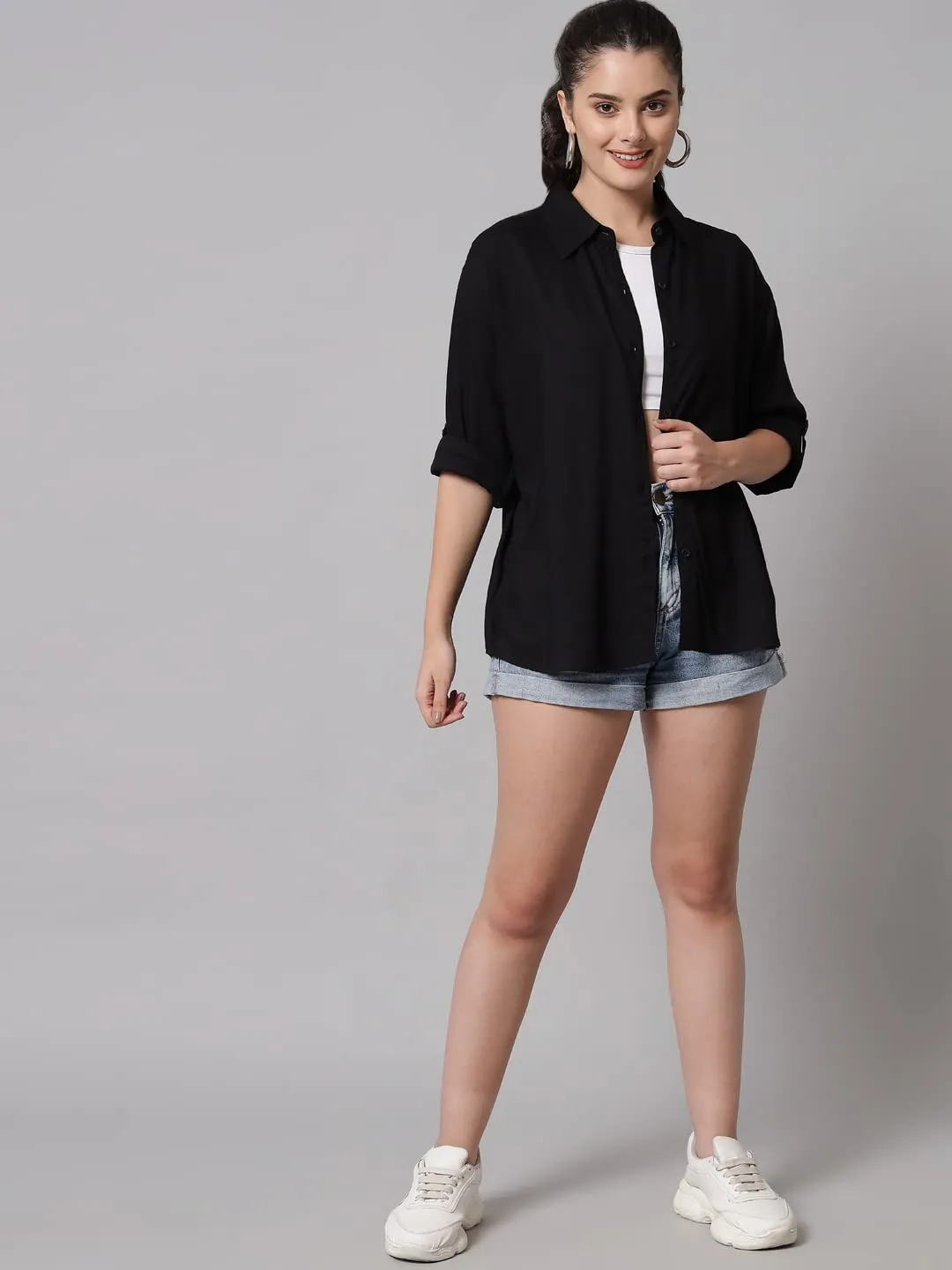 FUNDAY FASHION Women Boxy Fit Solid Casual Shirt (Large, Black)