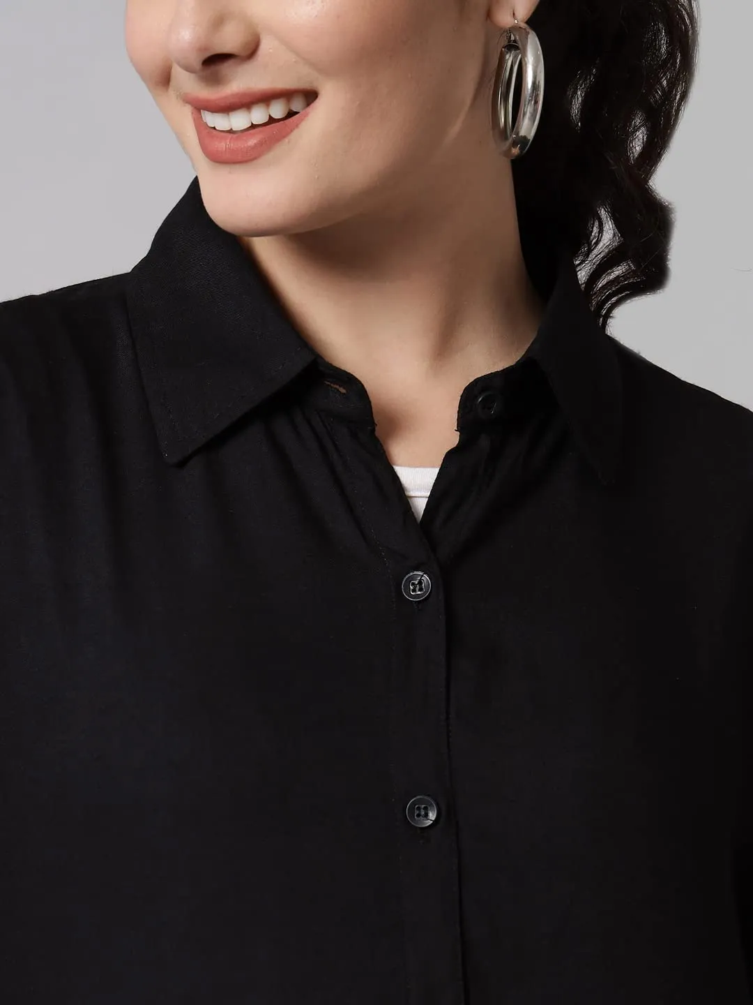 FUNDAY FASHION Women Boxy Fit Solid Casual Shirt (Large, Black)