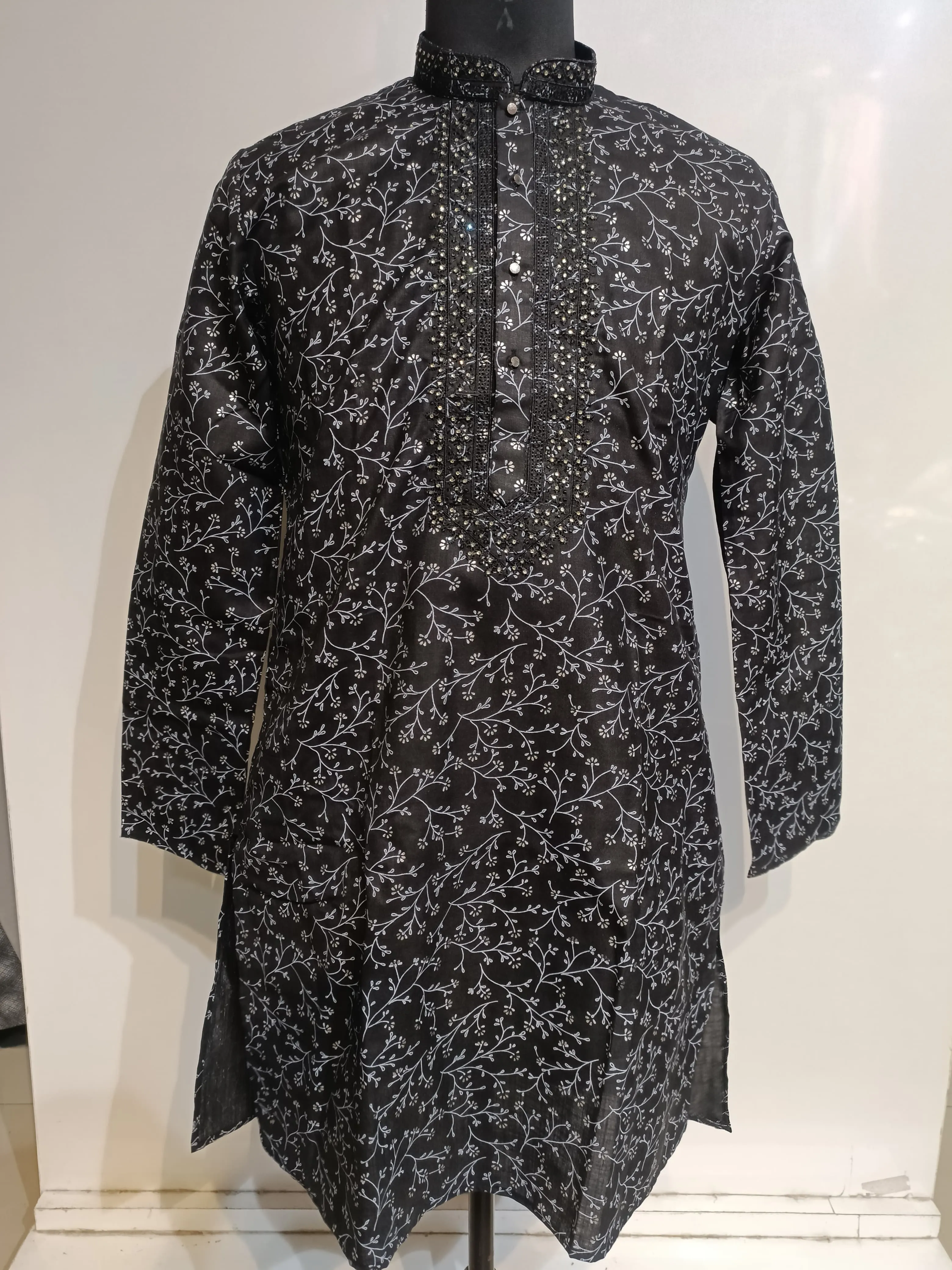 Gorgeous Black Color Cotton Full Sleeve Embroidery Kurta Pajama Set For Men