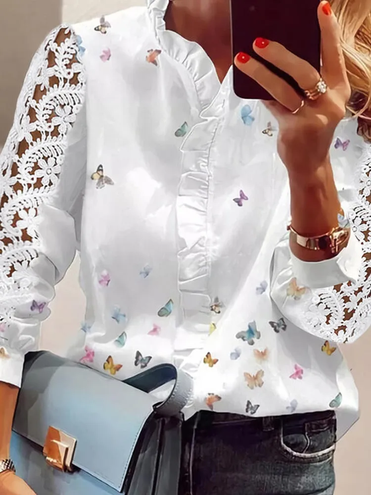 Graduation Gifts  Oversize Work Wear Fashion Lady White Tee Shirts 2022 Summer Tops Plus Size Butterfly Print V-Neck Long Sleeves Casual Blouse