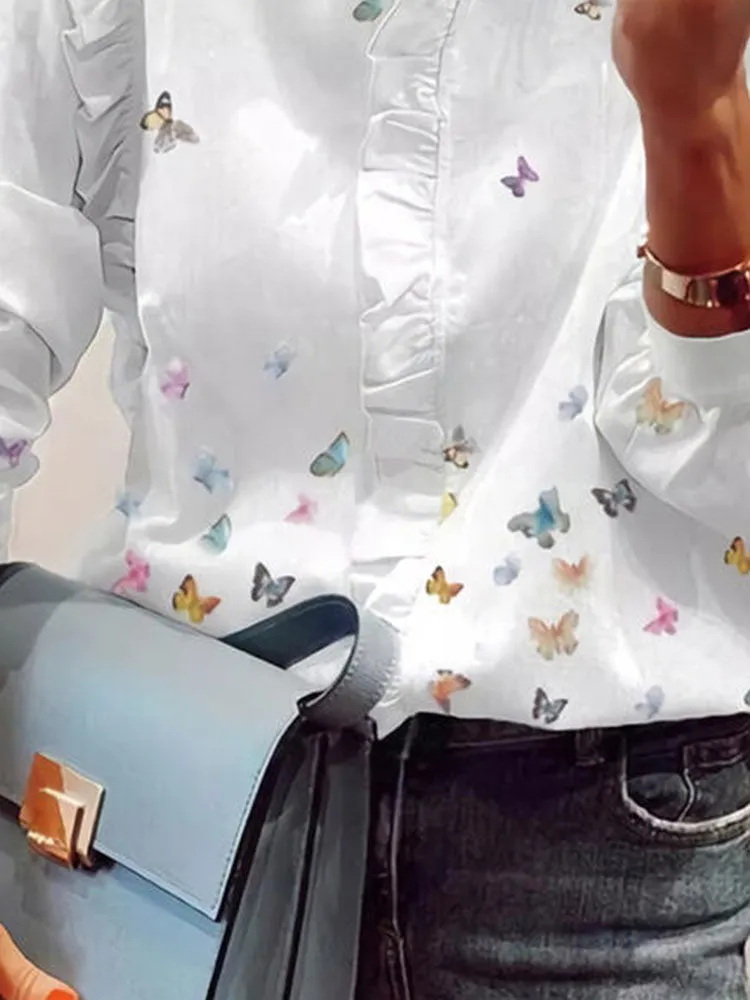 Graduation Gifts  Oversize Work Wear Fashion Lady White Tee Shirts 2022 Summer Tops Plus Size Butterfly Print V-Neck Long Sleeves Casual Blouse