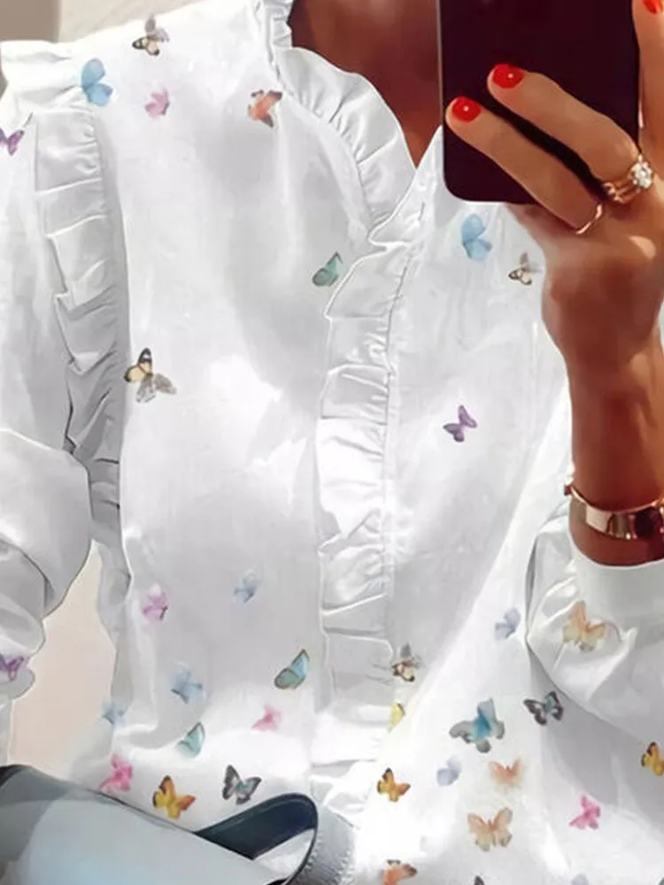 Graduation Gifts  Oversize Work Wear Fashion Lady White Tee Shirts 2022 Summer Tops Plus Size Butterfly Print V-Neck Long Sleeves Casual Blouse