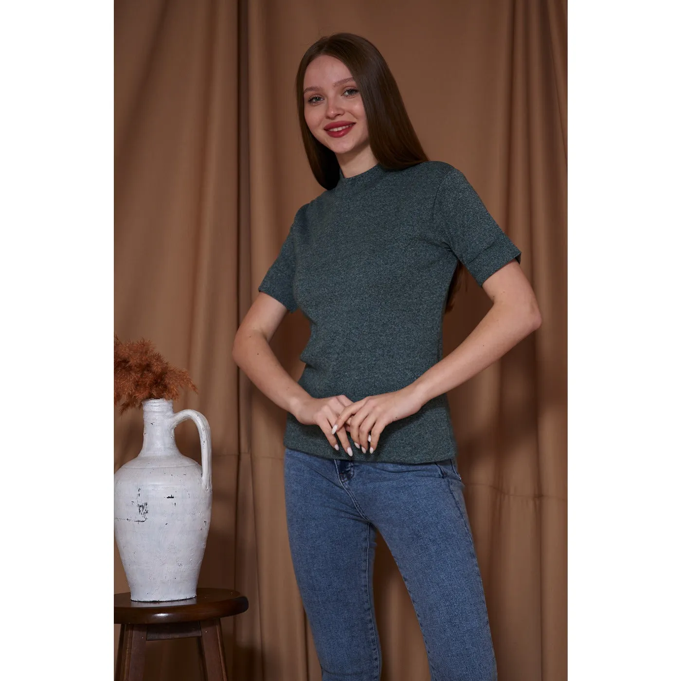 Green Melange Mock Neck Half Sleeves