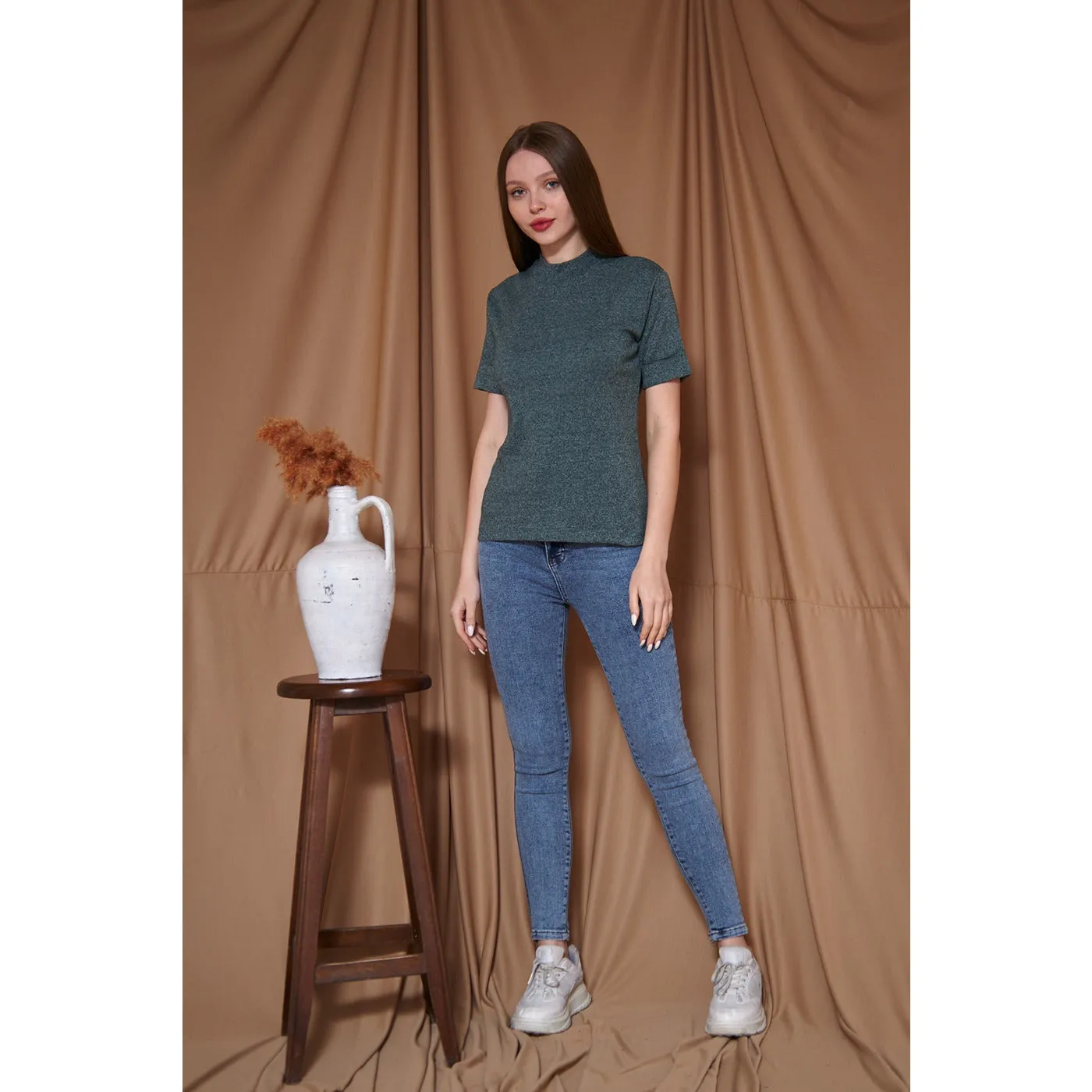 Green Melange Mock Neck Half Sleeves