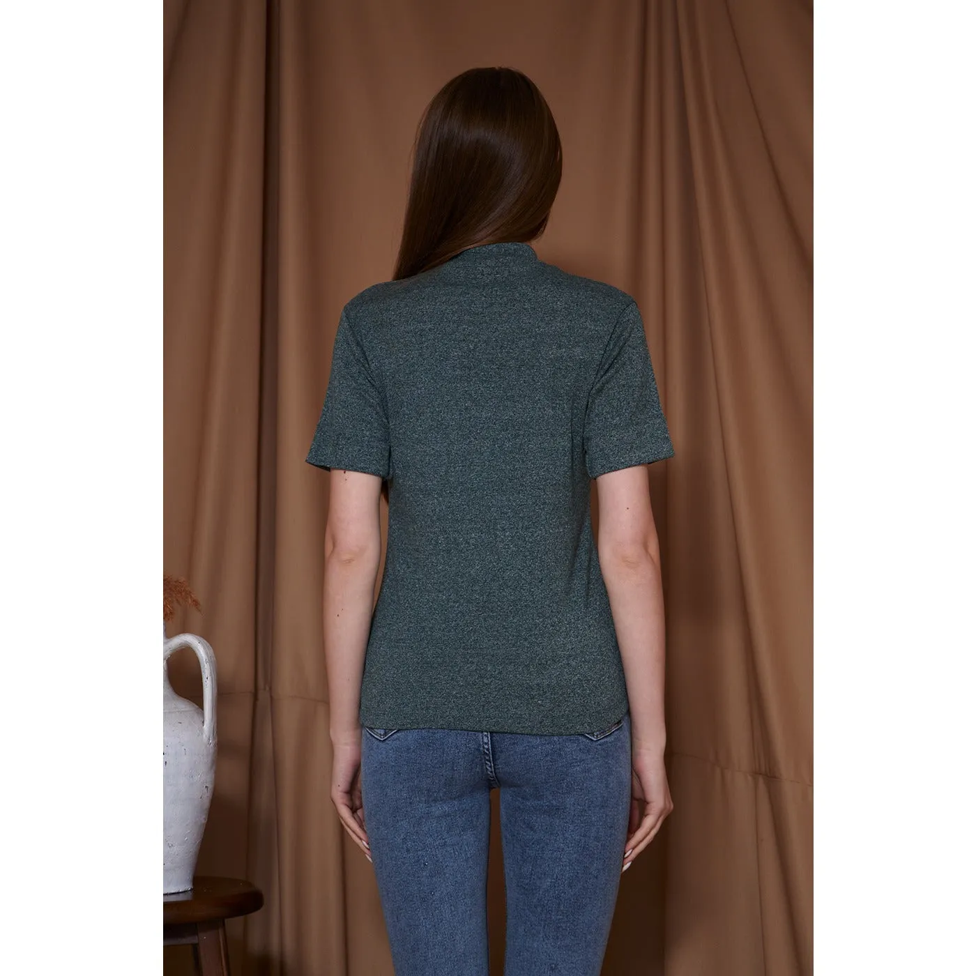 Green Melange Mock Neck Half Sleeves