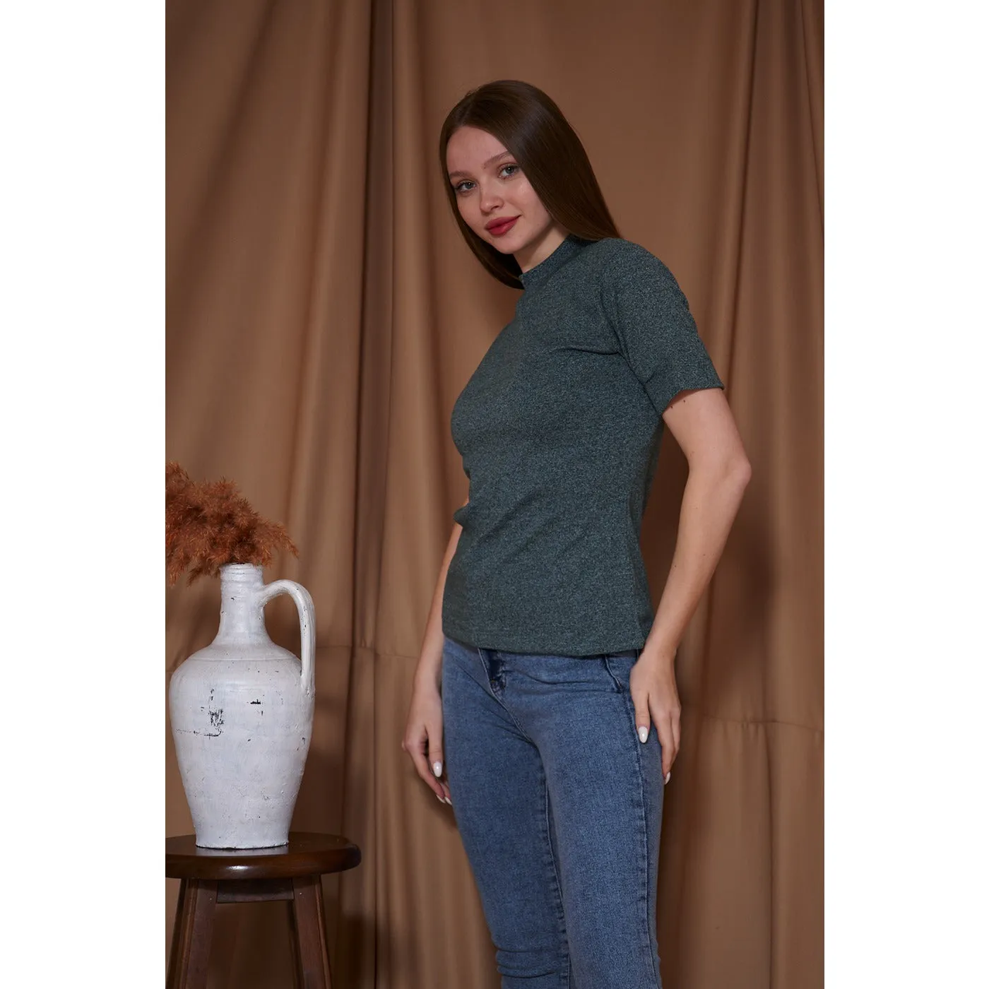 Green Melange Mock Neck Half Sleeves