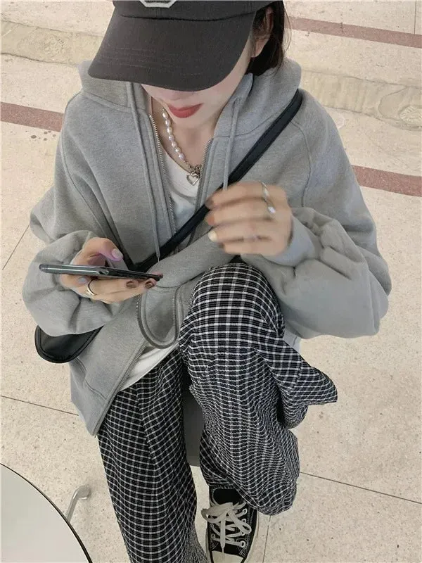 Grey Idle Hooded Sweatshirt Jacket For Women Loose Fit Fleece Lined Long Sleeve Casual Top Trendy Autumn New Design Sensibility