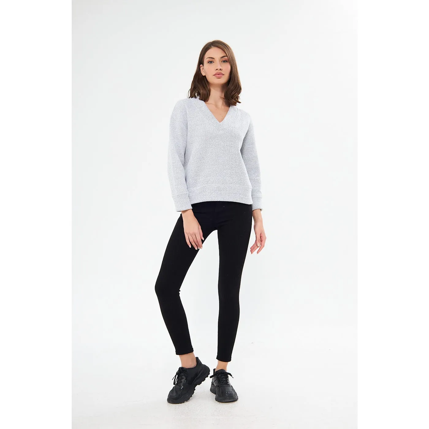 Grey V Neck Melange Sweatshirt