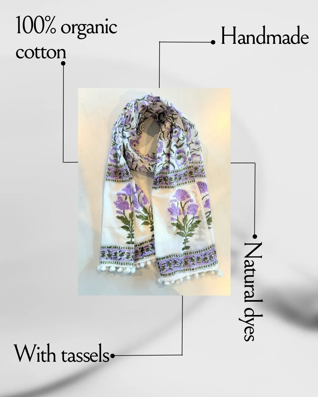 Handmade Organic Cotton Printed Scarves Women with Tassels - Pack of 2