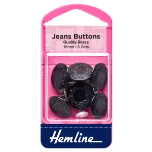 Jeans Buttons - 16mm Black - 6 Sets - Hemline