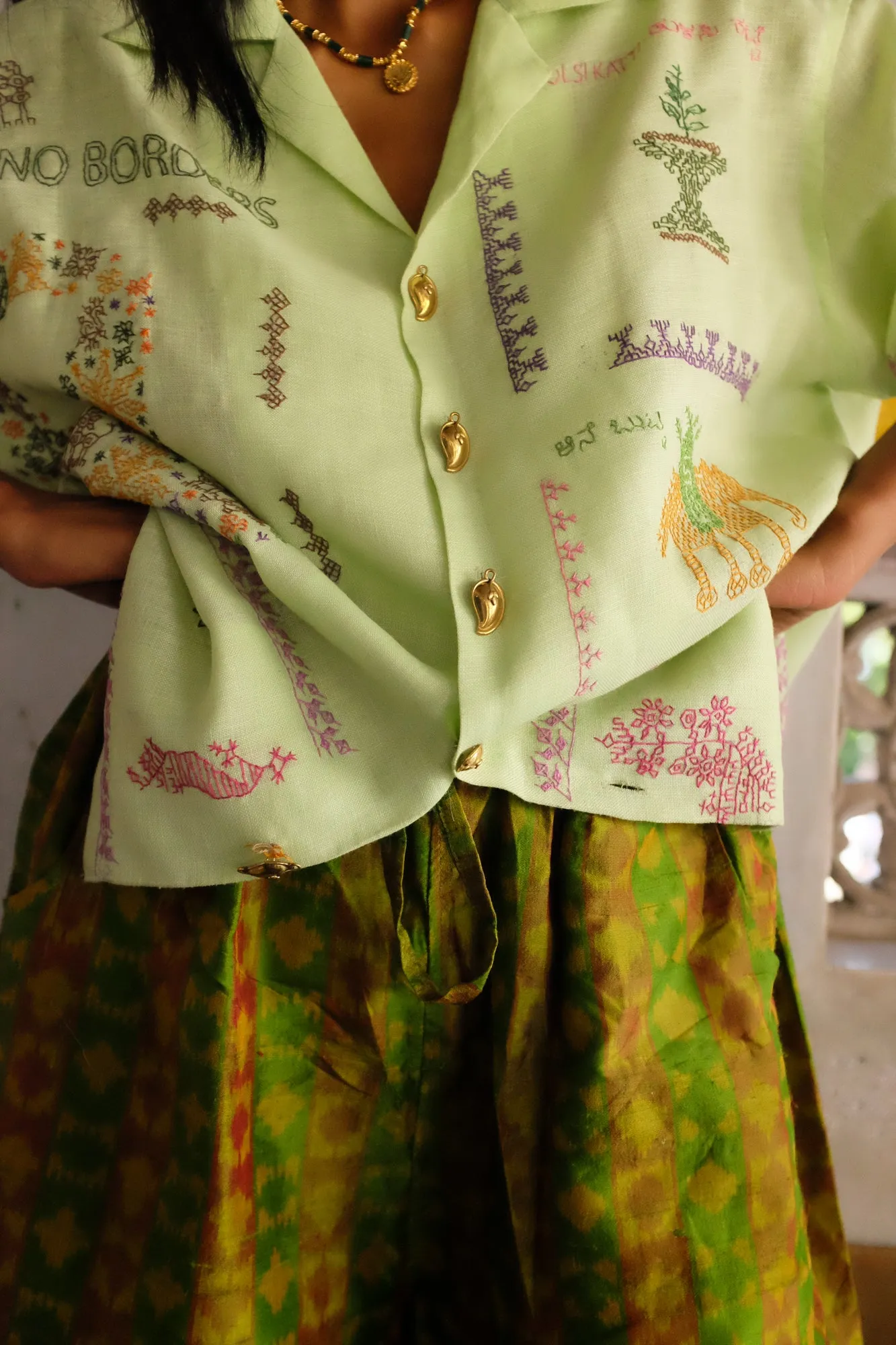 Kasuti Mint Green Badam motif shirt