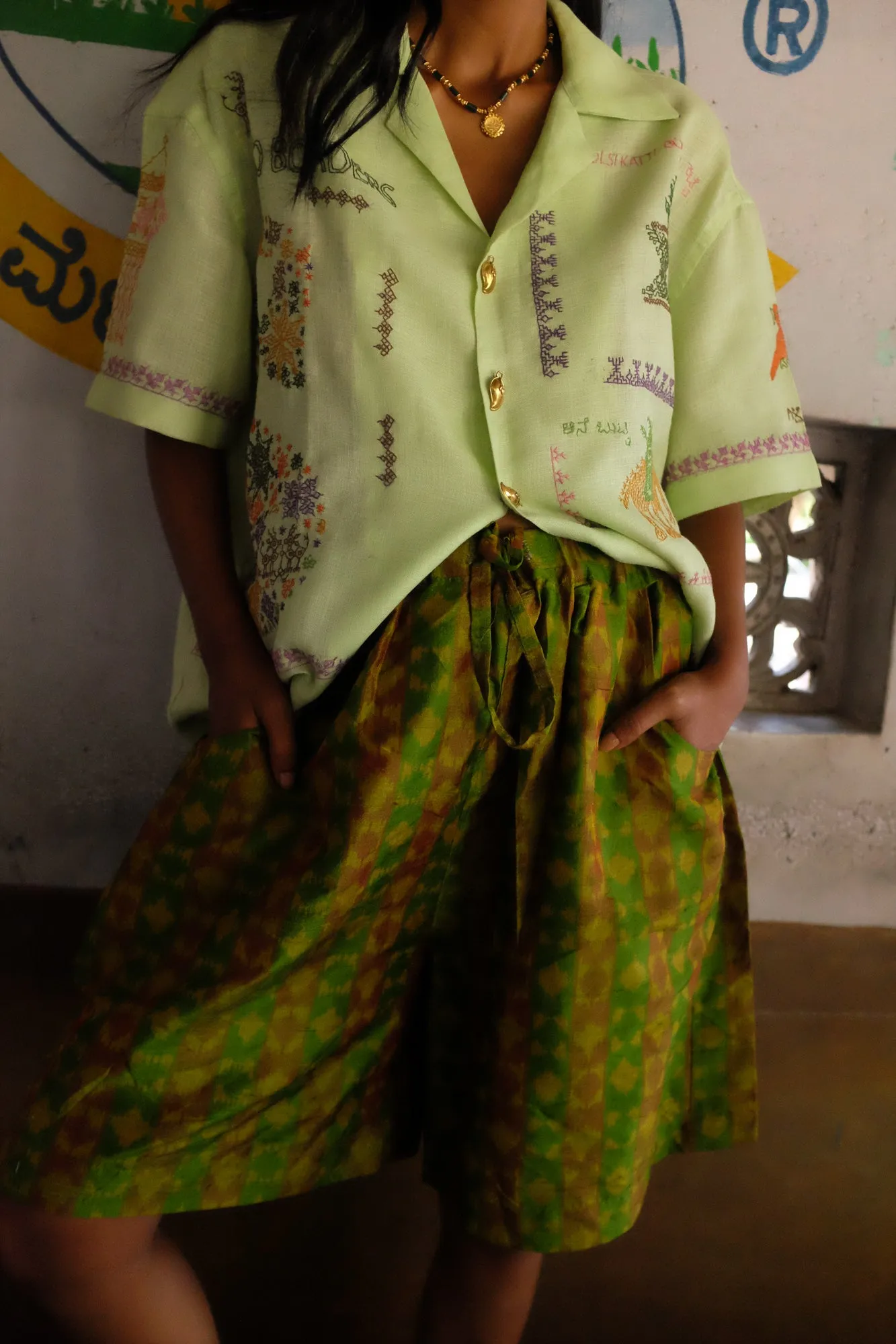 Kasuti Mint Green Badam motif shirt