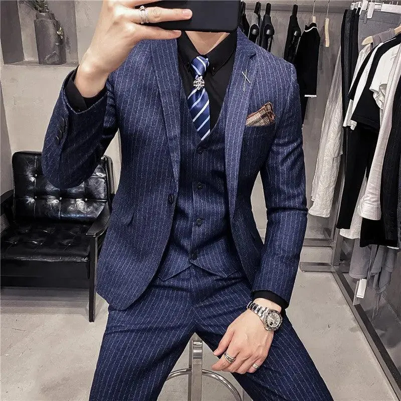 Korean-style slim fit striped three-piece suit