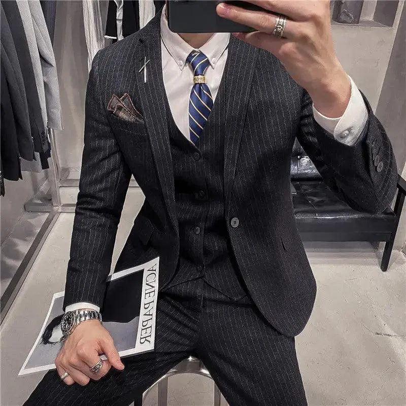 Korean-style slim fit striped three-piece suit