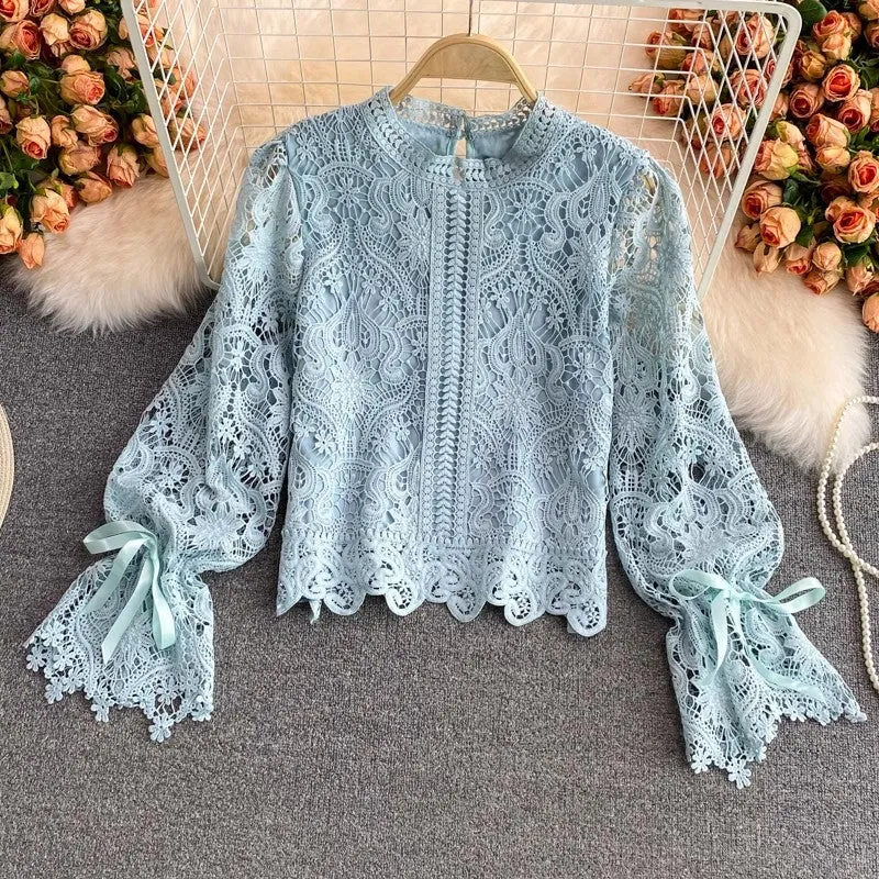 Lace Shirt Bell Sleeve Long Sleeve Top for Women     S3915