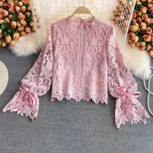 Lace Shirt Bell Sleeve Long Sleeve Top for Women     S3915