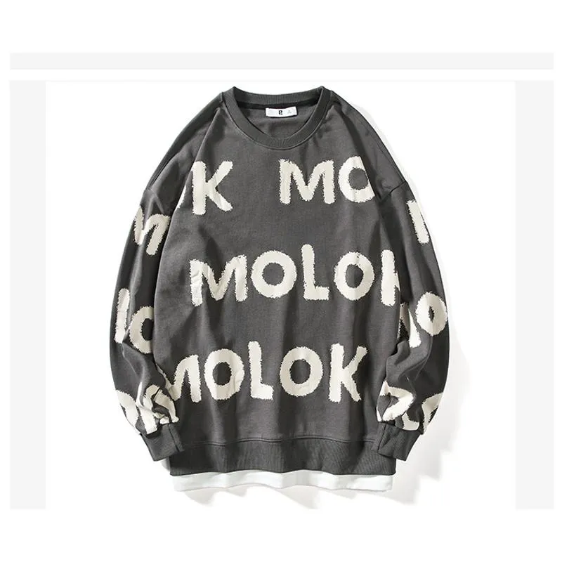 Letter Round Neck Loose Fit Full Print Trendy Faux Two-Piece Versatile Sweatshirt