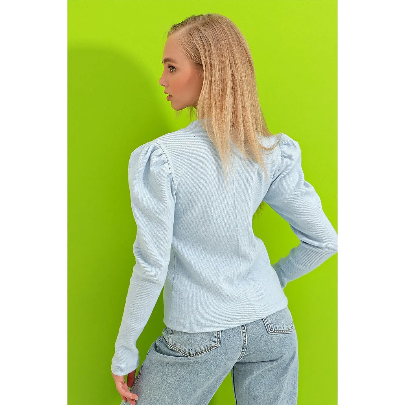 Light Blue Puff Shoulder Turtleneck Top