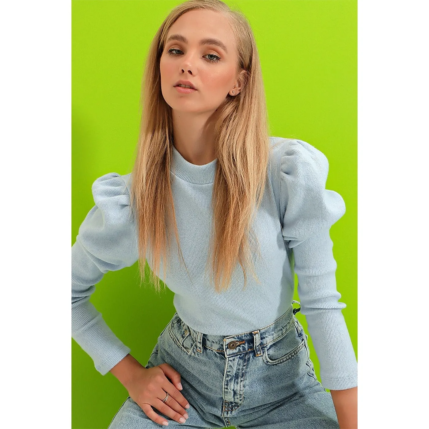 Light Blue Puff Shoulder Turtleneck Top