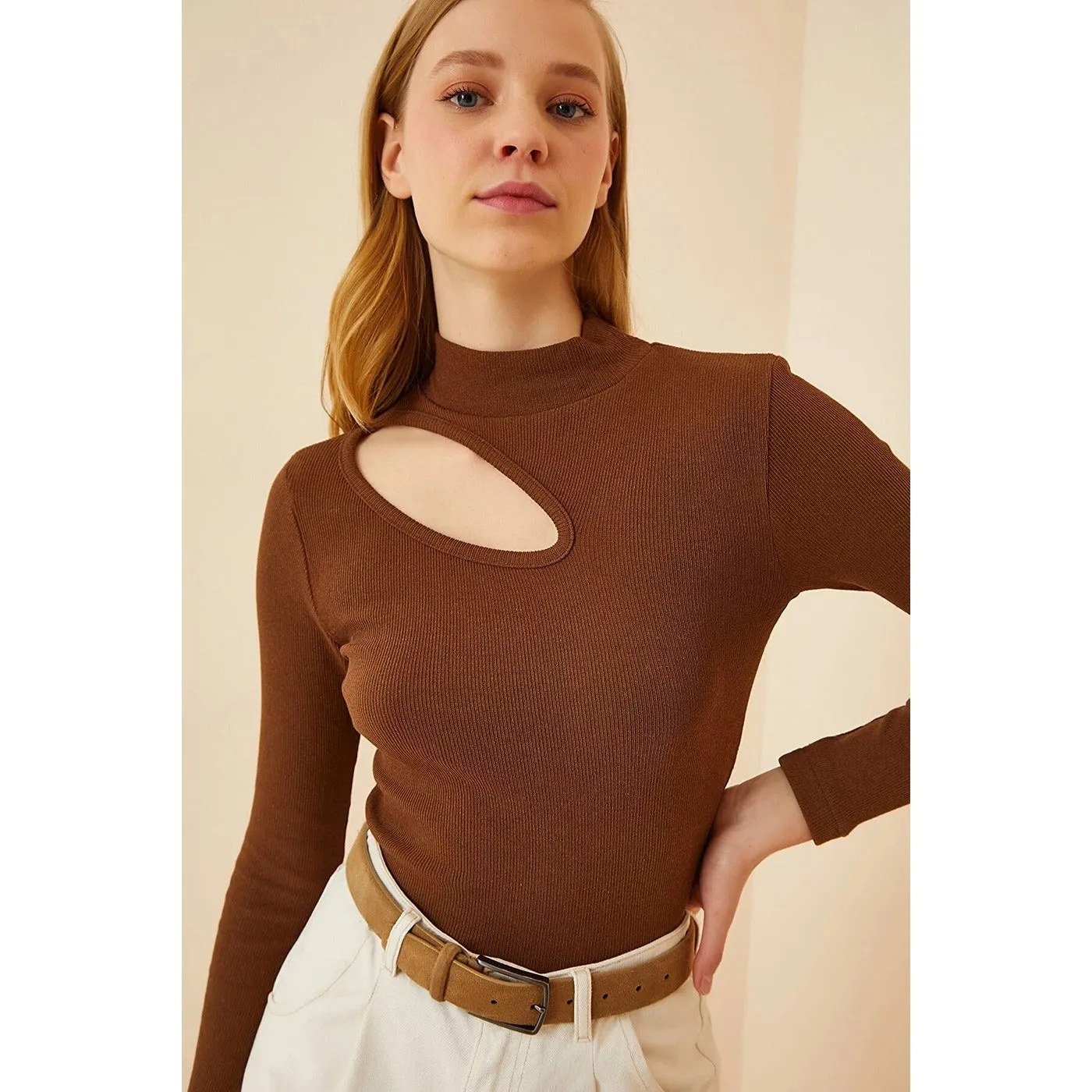 Light Brown Cut Out Detailed Ribbed Knitted Blouse