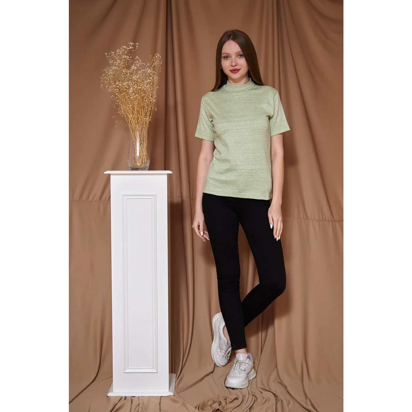 Light Green Melange Mock Neck Half Sleeves