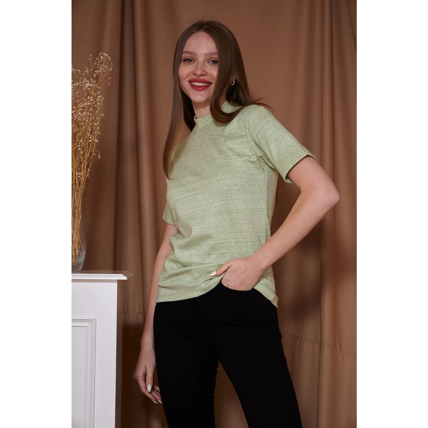 Light Green Melange Mock Neck Half Sleeves