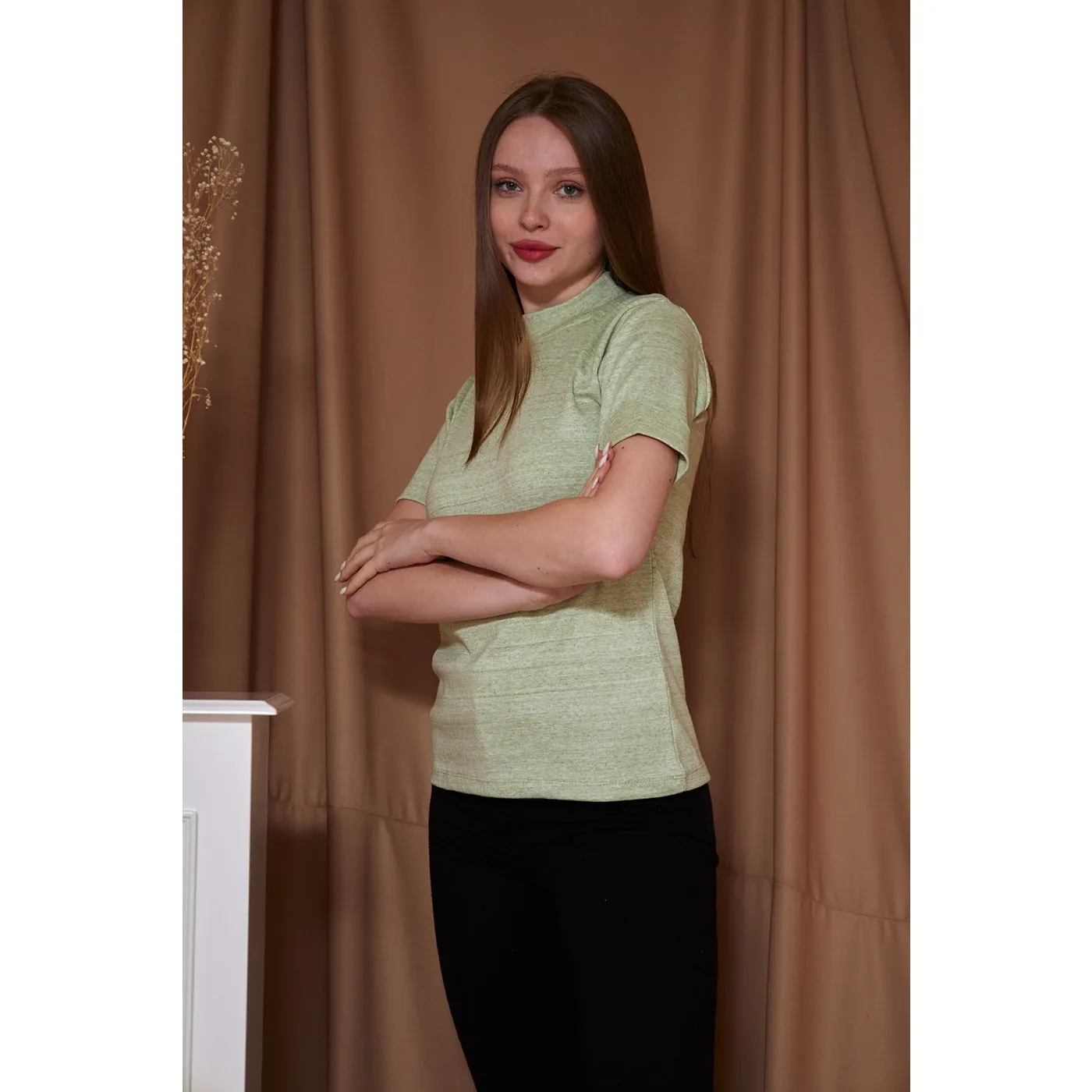 Light Green Melange Mock Neck Half Sleeves