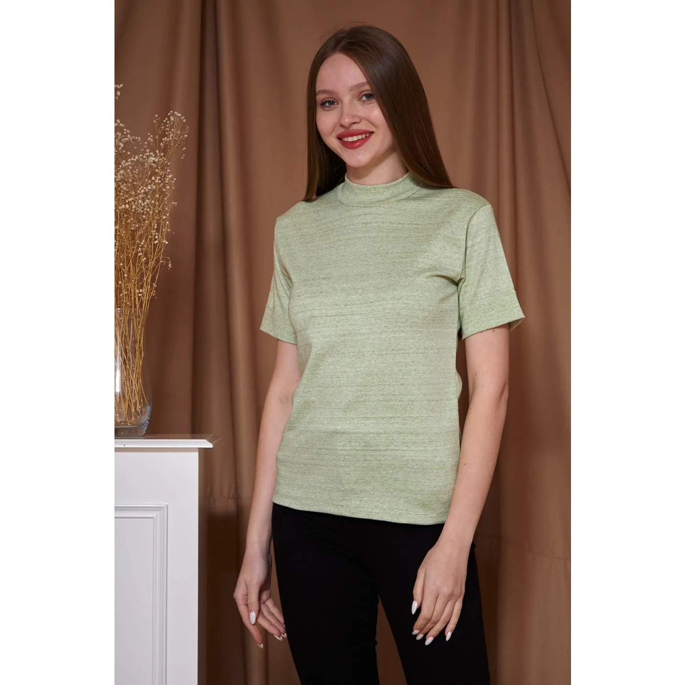 Light Green Melange Mock Neck Half Sleeves