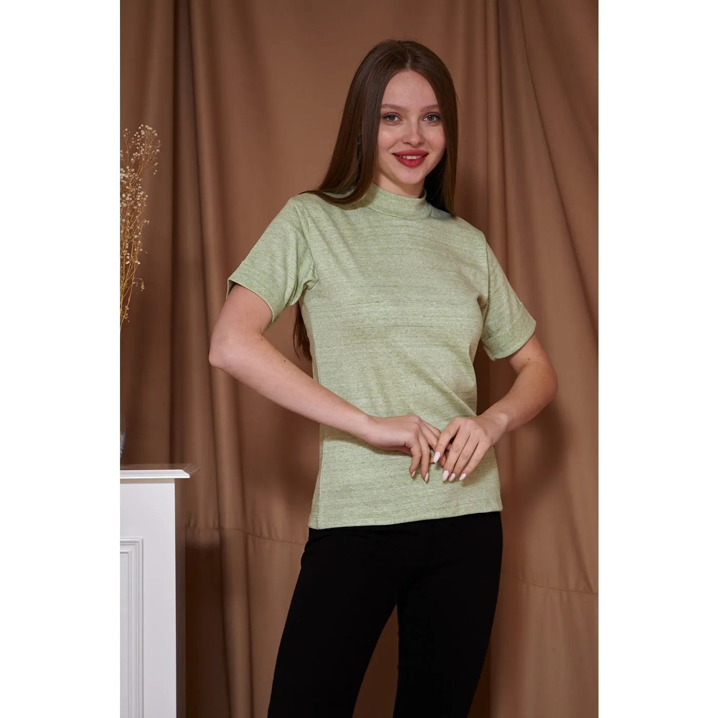 Light Green Melange Mock Neck Half Sleeves