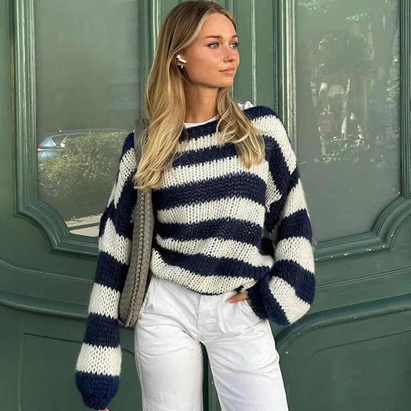 Loose Striped Pullover Sweater Fashion Versatile Long-sleeved Knitted Tops For Women Clothing