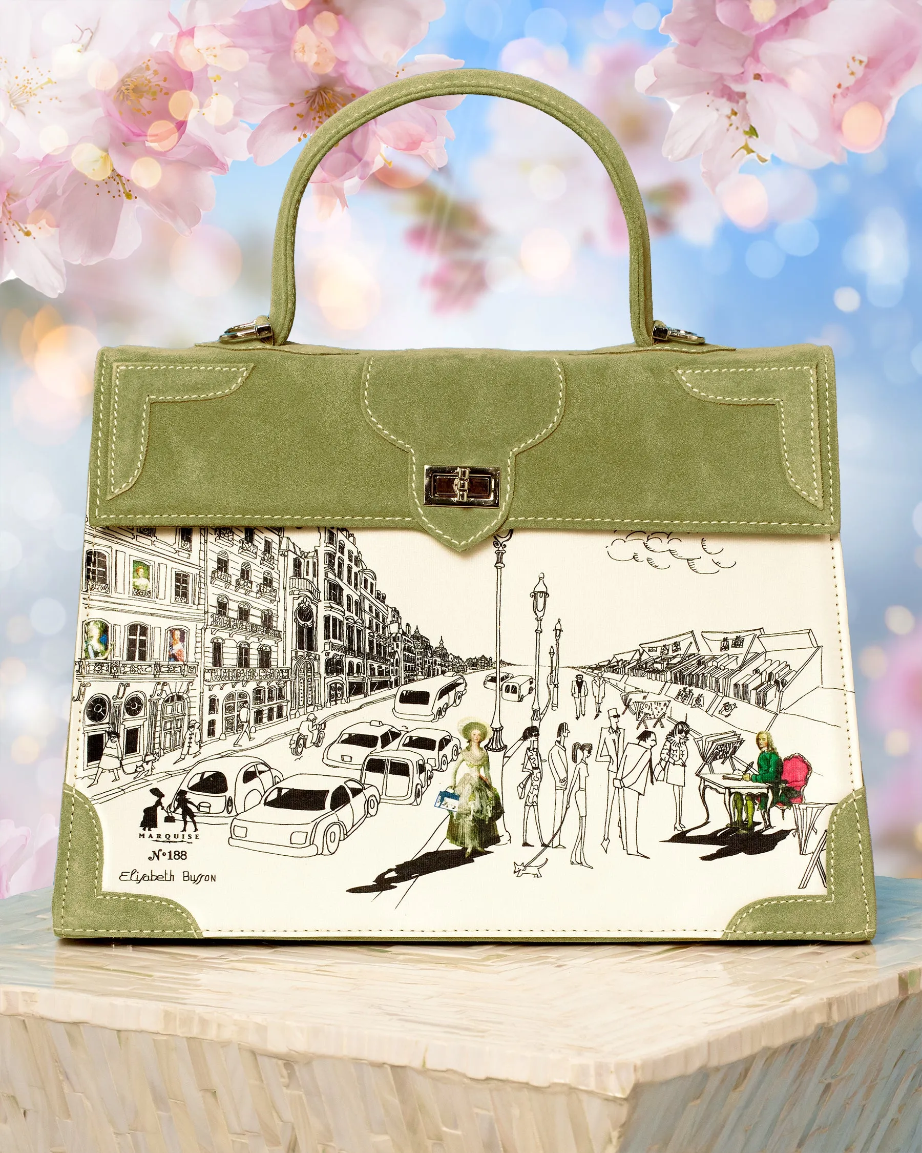 Marquise Paris Voltaire La Vie Parisienne Top Handle Shoulder Bag in Khaki Green