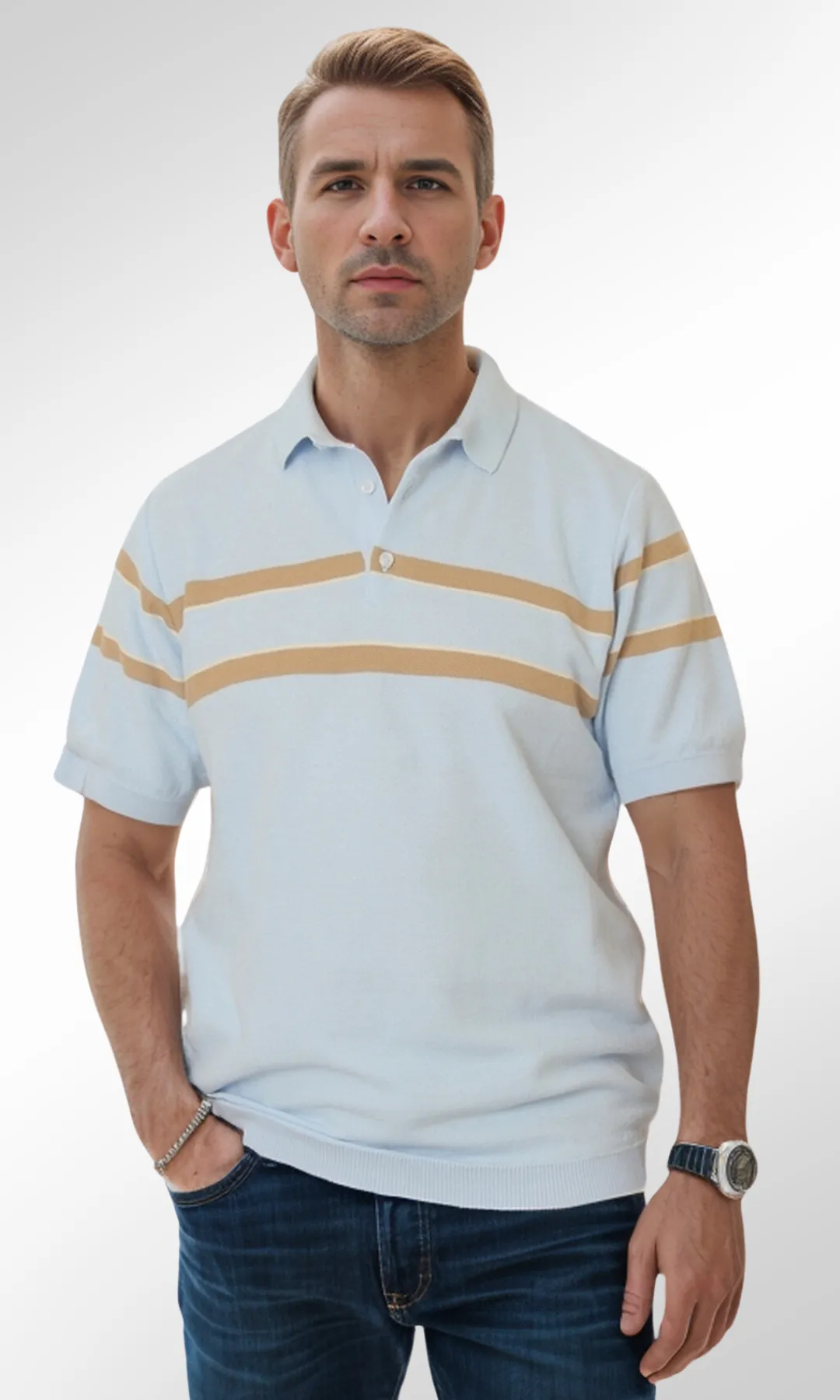 Men Knitted T-Shirt (Striped Dark)-(Baby Blue)