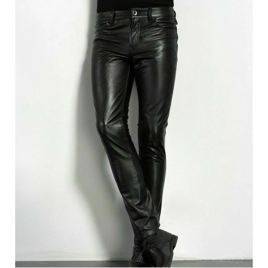 Men Side Slant Pocket PU Leather Slim Fit Pants