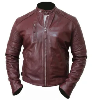 Men's Leather Biker Jacket Burgundy Color Mens