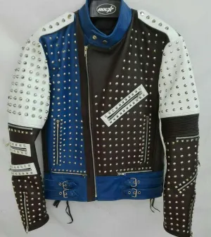 Mens Punk Blue White Silver Studded Cowhide Leather Jacket