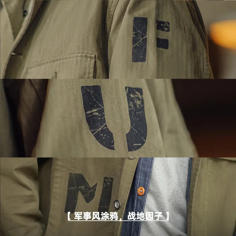 Military Vintage Shirt Jackets for Men - Loose Herringbone Cotton Army Letters Graffiti Jacket