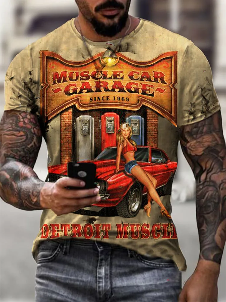 Muscle Car Garage  Retro Motor Tin Logo Printed T-Shirt