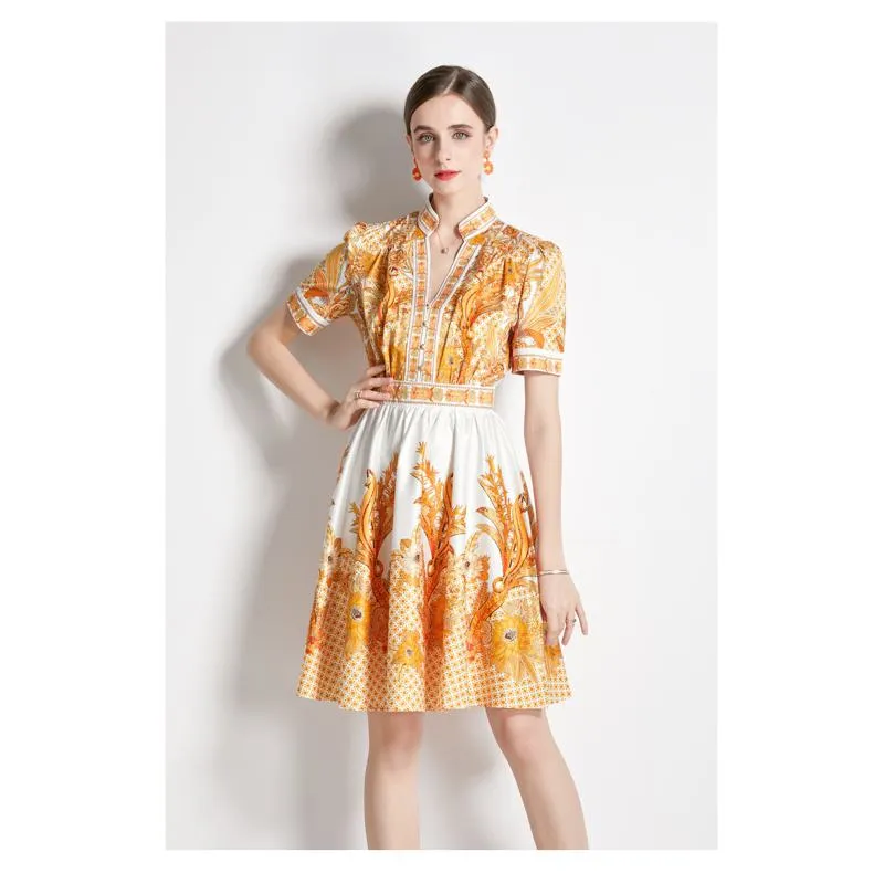 Niche V-Neck Full Skirt Style Light Elastic Print French Style Dress