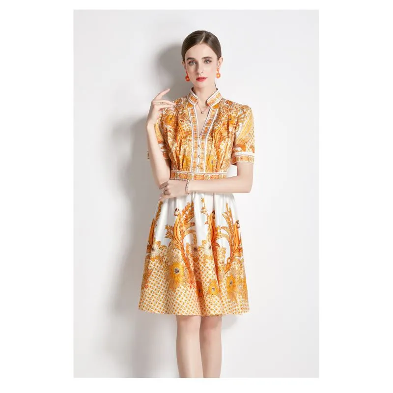 Niche V-Neck Full Skirt Style Light Elastic Print French Style Dress