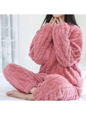 Pink Solid Color Raised Pattern Comfortable Fuzzy Home Suit