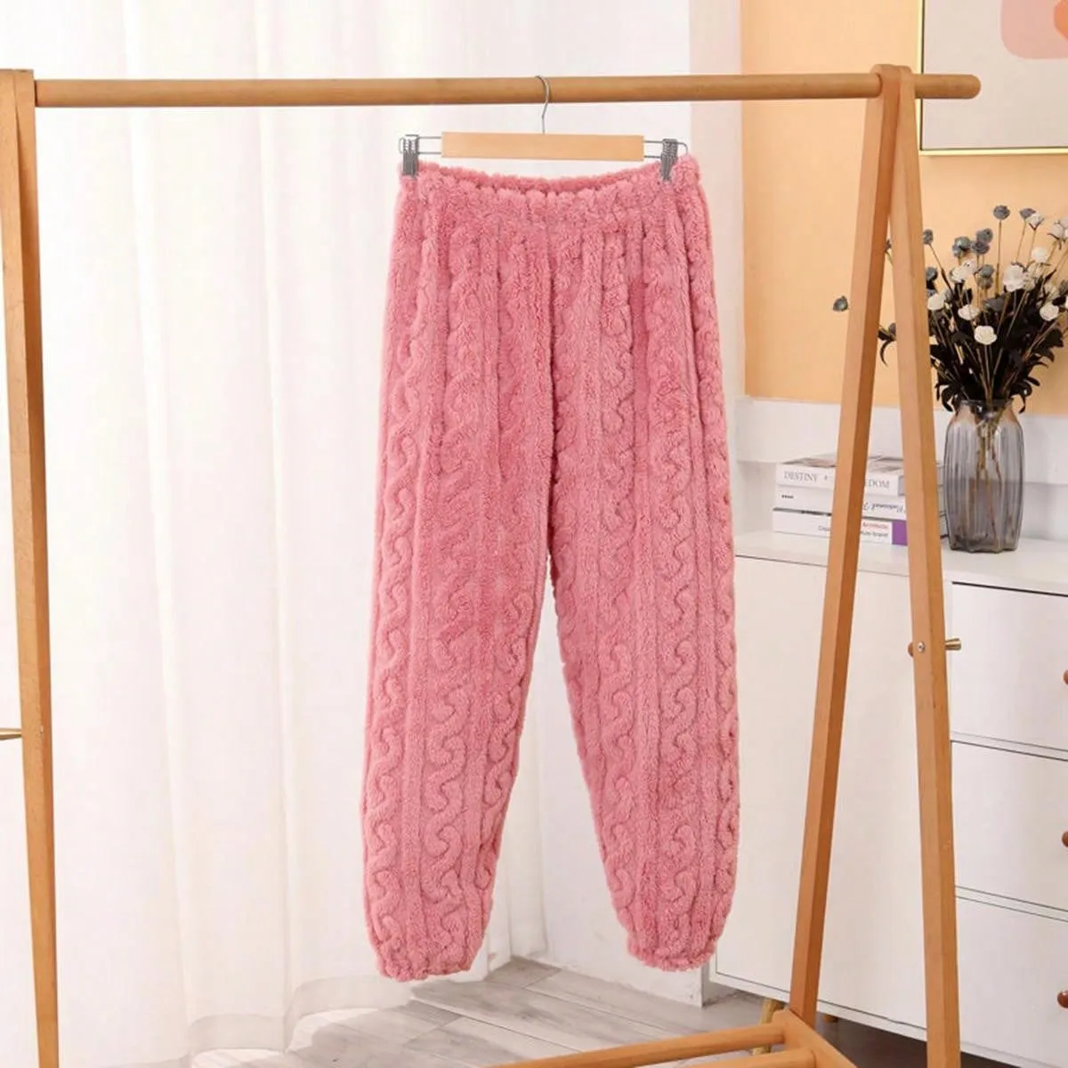 Pink Solid Color Raised Pattern Comfortable Fuzzy Home Suit