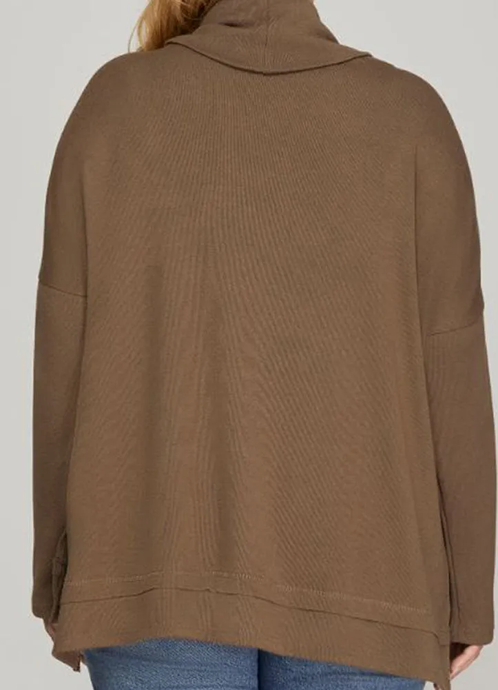 Plus LS Turtleneck Knit Top in Mocha by She   Sky