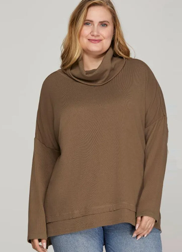 Plus LS Turtleneck Knit Top in Mocha by She   Sky