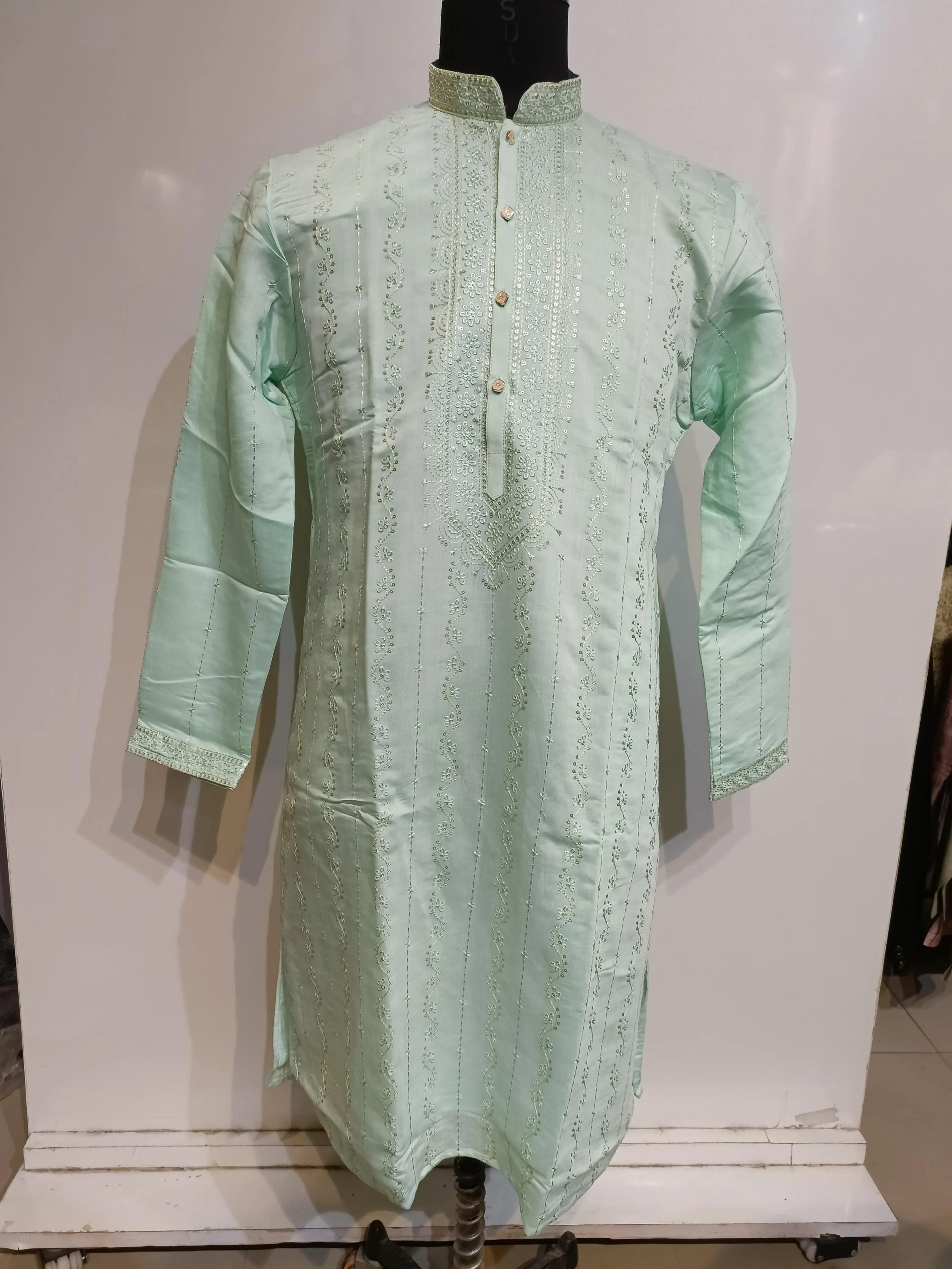 Pretty Pista Green Color Silk Kurta With Embroidery Work Suits For Men